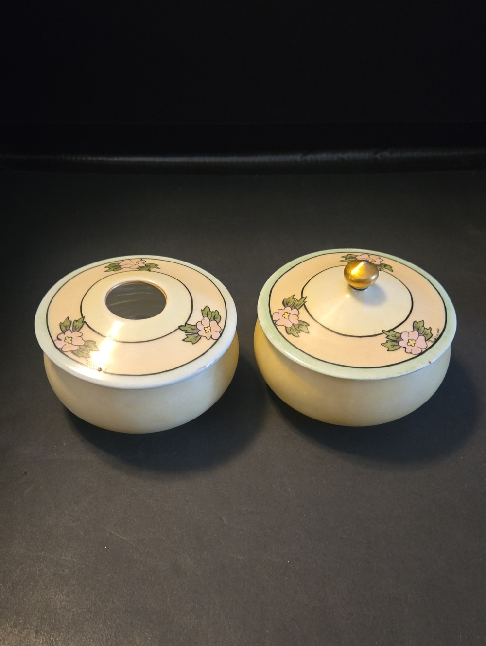 Antique 1920's Porcelain Powder Jar/Hair Receiver with Handpainted Lids.